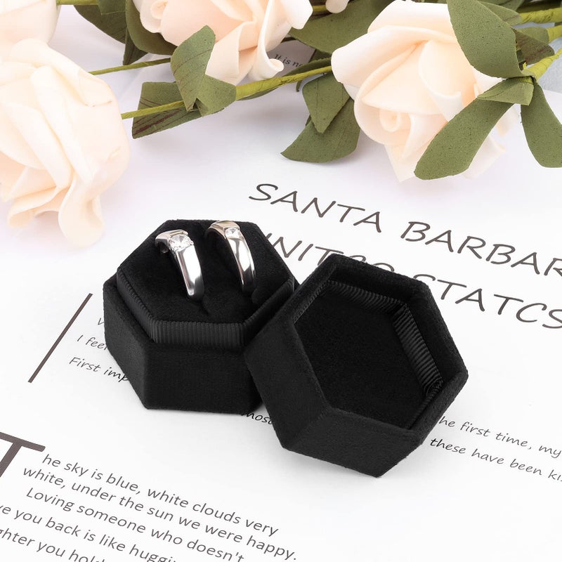 DesignSter Hexagon Velvet Ring Box - Premium Gorgeous Vintage Double Ring Display Holder with Detachable Lid for Proposal, Engagement, Wedding, Ceremony (Black) - Image 5